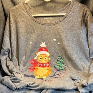 Woman Within Gray Long Sleeve Tee with Festive Owl Design